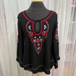Love Stitch Women’s Black Boho Embroidered Peasant Top Size Small